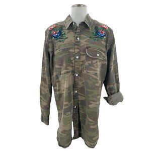 Lucky Brand Jacket Green Camo Military Floral Embroidered Hippie 70's Medium